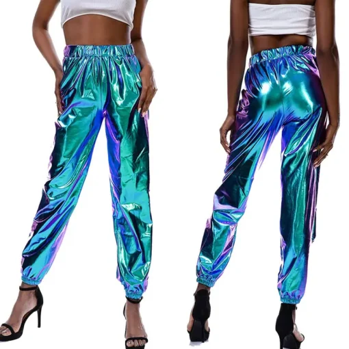 Women's Ladies Metallic Shiny Jogger Pants High Waist Holographic