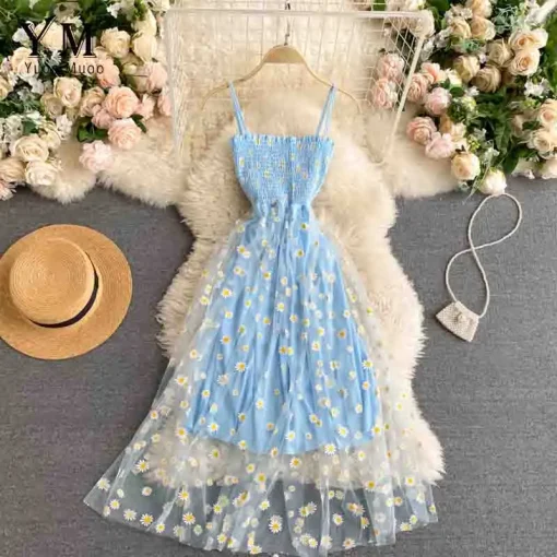 YuooMuoo Korean Fashion Daisy Flower Print Mesh Party Dress – Summer Spaghetti Strap Vacation Midi Dress - Image 4