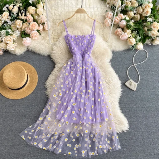 YuooMuoo Korean Fashion Daisy Flower Print Mesh Party Dress – Summer Spaghetti Strap Vacation Midi Dress - Image 3