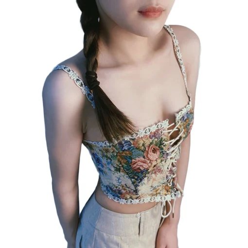 kf Hcbd41093d7c64186abdccd6efda43fd95 Y2K Vintage Women Summer Vest Retro Corset Flower Print Spaghetti Strap Low Cut Sleeveless Bandage Crop