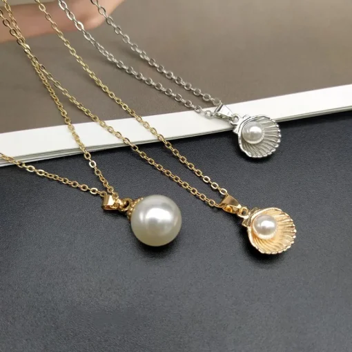 kf Hd14283ff1b764b9ab35b9bb245658418W Trendy Summer Shell Imitation Pearl Pendant Necklace For Women Fashion Collar Neck Jewelry Wholesale Dropshipping