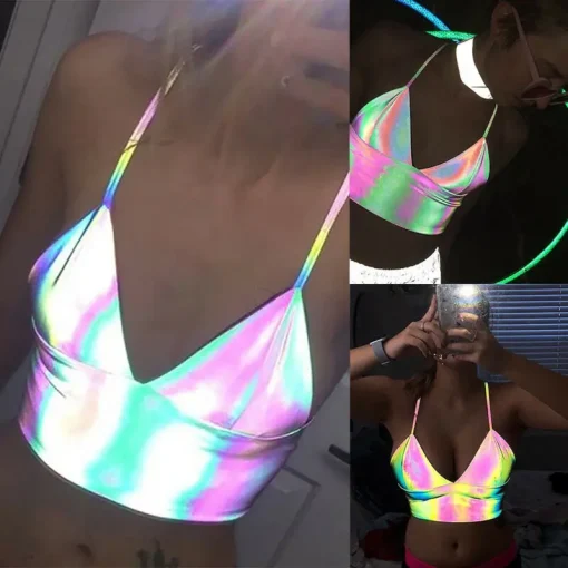 kf Hd15d596d7b814e01b78d91f56a106746U Women Summer Short Top Shirt Reflective Sling Deep V Neck Colorful Crop Tops Sexy Slim Fit