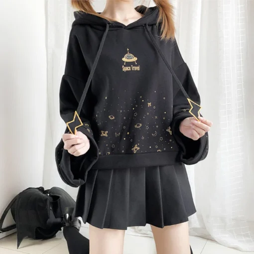 kf Hd32d4a1f733c4c428292b8c544abdc96G Autumn Women Kawaii Short Hoodie Harajuku Flare Long Sleeve Starry Sky Print Lightning Embroidery Drawstring Hooded