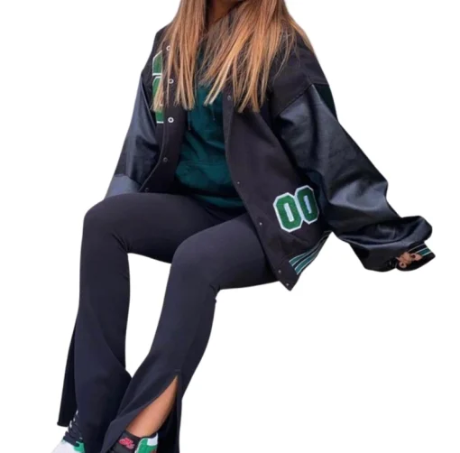 Women Oversized Baseball Jackets Fashion Leather Long Sleeve Letter - Image 3