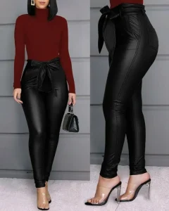 Women’s Leggings PU Leather Pants Stretchy Skinny Pencil Trousers