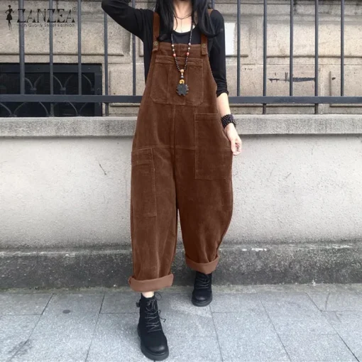 kf Hec85fa8e48da4d71870ec1abc794d847U Vintage Corduroy Jumpsuits Women s Autumn Pants 2023 ZANZEA Casual Suspender Wide Leg Playsuits Rompers Trousers