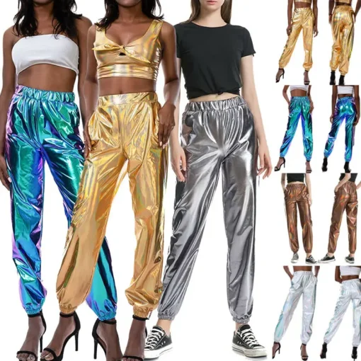 Women's Ladies Metallic Shiny Jogger Pants High Waist Holographic - Image 3