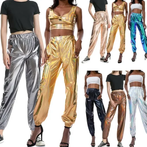 Women's Ladies Metallic Shiny Jogger Pants High Waist Holographic - Image 5