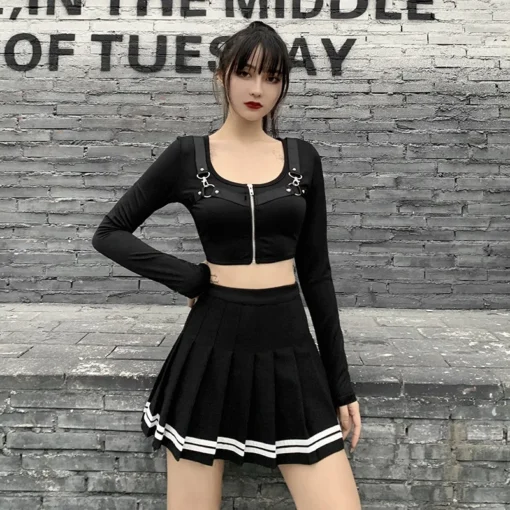 kf Hf955ae66fba946a9a6583388b873c284G Vintage Korean Style Patchwork Skirt Harajuku JK Black Pleated Skirts Gothic Streetwear High Waist Mini Skirt