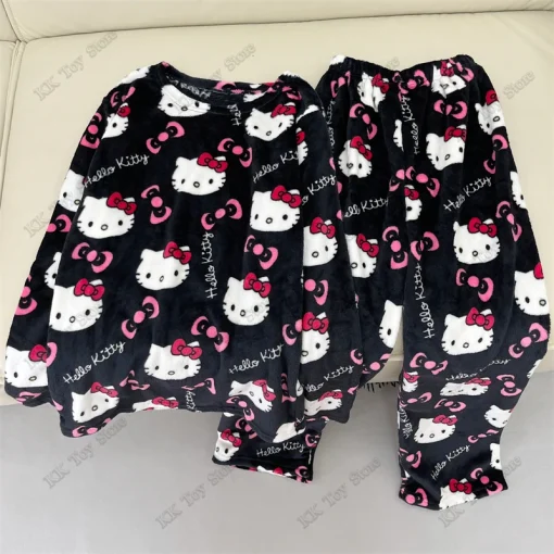 Sanrio Hello Kitty Flannel Pajama Set – Warm Woolen Casual Home Pants & Jacket, Fall Winter Loungewear for Girls, Thermal Underwear & Gift Idea