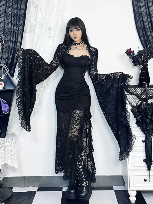 kf S00b97d573d404d4e921c23b296a4073c0 Gothic Classic Lace Cover Ups Women Mesh Crop Top See Through Sexy Flare Sleeve Blouse Y2k