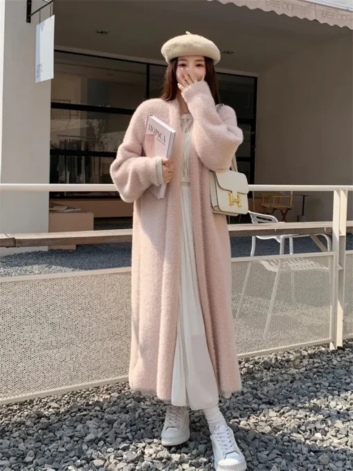 kf S00bd7d0e06eb43aca1ba648d7877f1f3t 023 Autumn Winter Lazy Style Loose Knee Length Thickened Pure Imitation Mink Fleece Knitted Sweater Cardigan