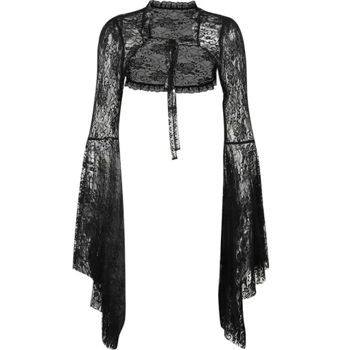 kf S00e63a70be424c96a8a1d0b6c0e9953dg Vintage Gothic Black Lace T shirt Women Streetwear Flare Sleeve See Through Sexy Smock Top Elegant