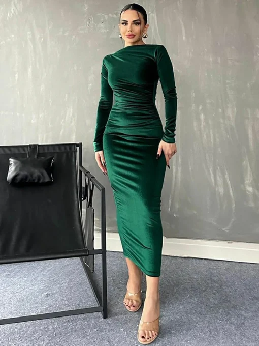 Velvet Long Sleeve Ruched Midi Dress – Spring/Summer 2024 - Image 2