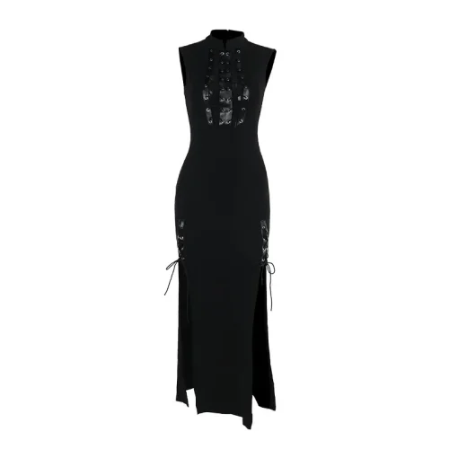 kf S02836483205749639553be67aab962c1Y Gothic Black High Slit Bandage Bodycon Party Dresses Sexy Vintage Lace See Through Sleeveless Long Dress