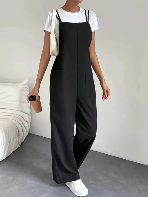 kf S034d1f8fb032416e82ab060b4dd90732y Fashion casual women s pure black jumpsuit pants with pockets shoulder straps thin straight leg workwear