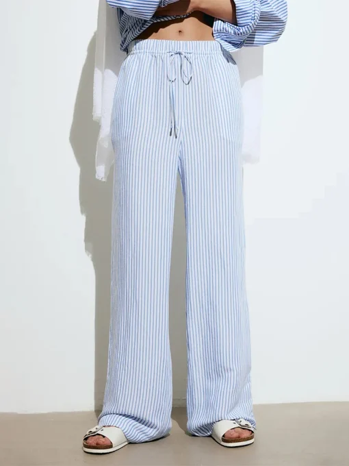 kf S03588a7732d44b6e84fc95811bb81f03e Women Harajuku Loose Wide Leg Pants Casual Stripe Print Elastic Drawstring Trousers with Pockets Work Office