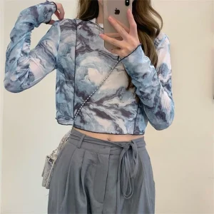 Korean Chic Tie-Dye Mesh Cropped Top – High Street Vintage Style