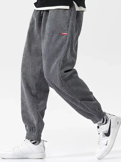 Men's Baggy Corduroy Sweatpants – Solid Color, Casual Joggers with Tech Fleece Lining for Autumn/Winter - Image 2