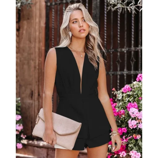 kf S0516f6cbd73e4ba6a7c37c678d62f377m Spring Summer 2024 new sexy V neck halter romper casual party romper shorts women