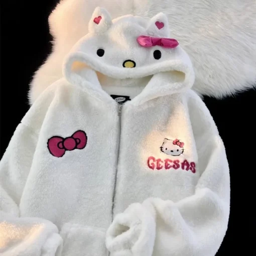 Original Sanrio Hello Kitty Lamb Wool Coat – Women’s Winter Warm Cotton Coat, Plush Thickened Casual Jacket for Students - Image 2