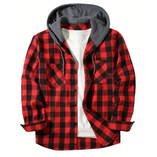 kf S0647f174f5314f01a7014080a2f5ae052 Men s Shirts Classic Plaid Casual Button Down Hooded Long Sleeved Double Pockets Shirt Hoodie Flannel