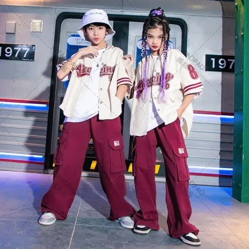 Kids Hip-Hop Performance Outfit – Burgundy Letter Print Baseball Jacket & Jogger Pants Set - Image 5