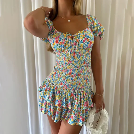 kf S082afbc7dbb3428a83819bd36b453240u Women s Mini Dress Summer Clothing For Female Floral Printing Slim Fit Lantern Sleeve Streetwear Dresses