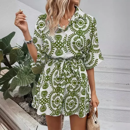 Women's Print Shirt Jumpsuit Summer Fashion Button Batwing Sleeve Boho Rompers Women Casual Loose Lace Up Playsuit Ladies - Image 2