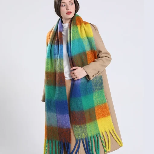 2025 Winter Thick Warm Cashmere Shawl & Wrap Pashmina Scarf for Women | Rainbow Hairy Tasseled Neckerchief Bufanda Echarpe - Image 2