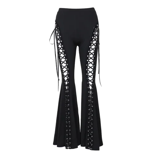 kf S08fe83647af0411189e242d5976235e0q Gothic Bandage Cut Out Pants Black Clothes for Women Cyber Punk Lace Up High Waist Flare