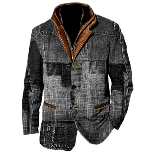 kf S0960dafe9ae842ecb2c4bc48b69361feL Patchwork Design Men Jacket Vintage Fleece Blazer Double Layer Lapel Leather Collar Medium Length Coats Grid