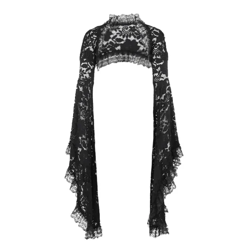 kf S0b74fde12e9b4fa78b4ce7838acb7909e Gothic Classic Lace Cover Ups Women Mesh Crop Top See Through Sexy Flare Sleeve Blouse Y2k