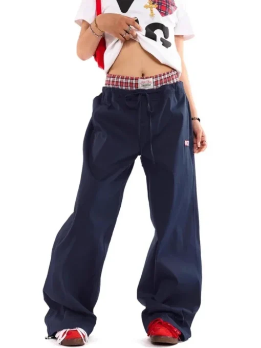 HOUZHOU Y2K Women’s Vintage Cargo Pants – Harajuku Streetwear, Wide Leg Patchwork Joggers, Retro Plaid Aesthetic Trousers