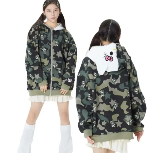 Sanrio Hello Kitty Y2K Jacket – Zipper Cardigan Hoodie, Camouflage Blouse Sweatshirt, Autumn Long Sleeve Couple Jacket for Women - Image 3