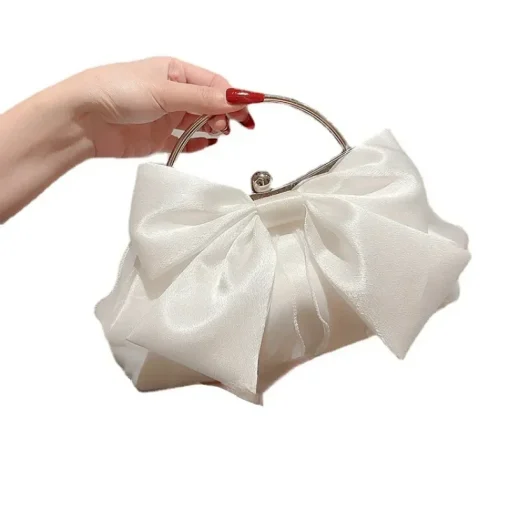 kf S0bfaeeb3b499481b9a86199852fb82f3B White Satin Bow Fairy Evening Bags Clutch Metal Handle Handbags for Women Wedding Party Bridal Clutches