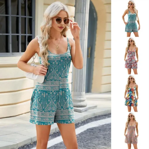 kf S0d15d380cb394e16b92d431cb2d15266n Romper Summer Beach Romper Colorful Print Spaghetti Strap Romper with Side Pockets for Women Low cut