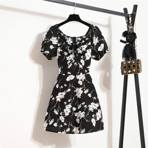 Floral Print Chiffon Mini Dress - Summer Casual with Puffy Sleeves - Image 3