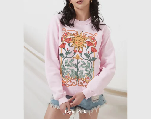 Vintage Cartoon Floral Sun Printed Sweatshirt for Women | Stylish Medieval-Inspired Casual Top - Image 4