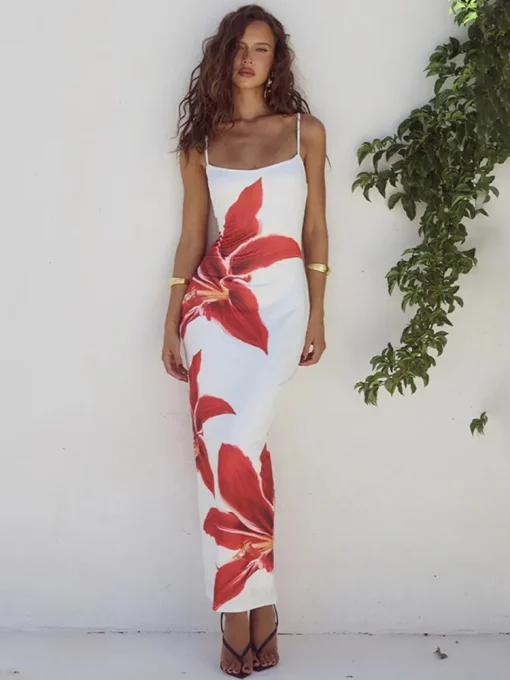 kf S0e398286820048b58c1f71cd20679771O Mozision Floreal Print Long Dress For Women Gown Summer New Spaghetti Strap Sleeveless Backless Bodycon