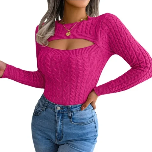 2024 Autumn Winter Women's Fashion Hollow Out Long Sleeve Sweater | Round Neck Solid Fit Slim Knit Top | Streetwear for Women - Image 4