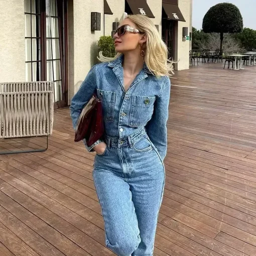 kf S0f41257fd7b34a75ad899b394b8947fcQ Autumn Denim Jumpsuit for Women Overalls Woman Jean Overalls Long Sleeve Elegant Jumpsuits Y2k Streetwear 2024