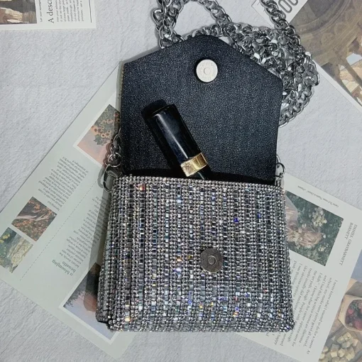 kf S108f4b56c0ee4411bd5f4059eec388c58 Female Bling Chain Crossbody Bag Ladies Mini Rhinestone Small Envelop Shoulder Purse Full Diamond Messenger Evening