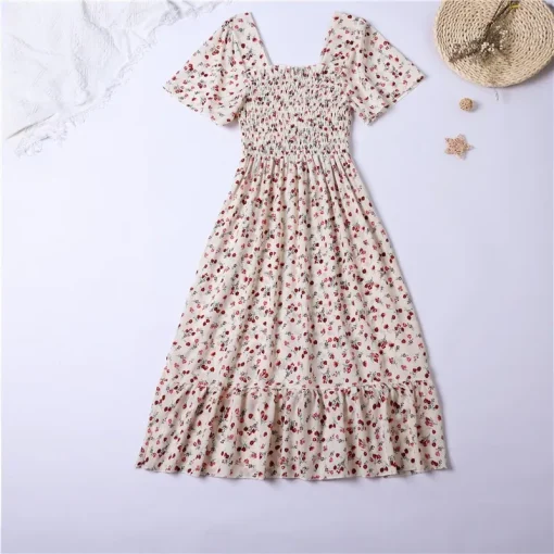 Spring Summer Chiffon Dress for Women - Floral Midi Dress with Short Butterfly Sleeves, Elastic Waist, Pleated Backless Casual Dress - Image 5