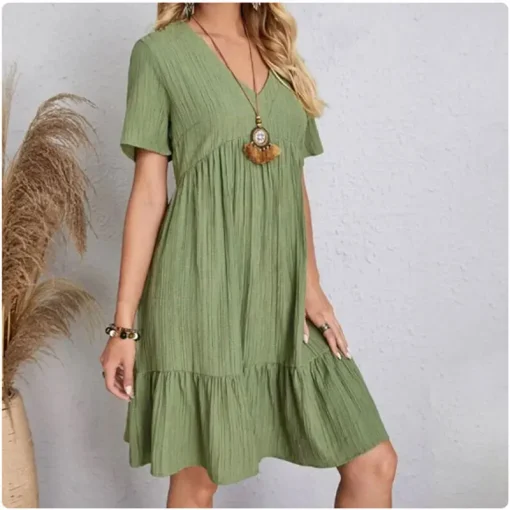 Women’s Summer Peplum Dress – V-Neck Short Sleeve Fit & Flare Ruffle Beach Dress - Image 2