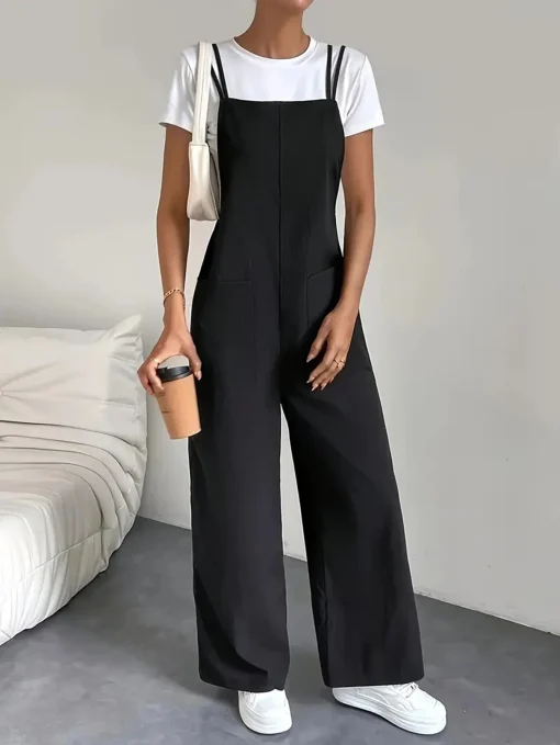 kf S10e7916cde8644e090d713db3c888354i Fashion casual women s pure black jumpsuit pants with pockets shoulder straps thin straight leg workwear