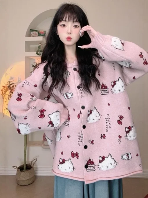 Sanrio Pink Hello Kitty Cardigan Sweater – Sweet & Cute Spring/Autumn Loose Kawaii Coat for Women - Image 5