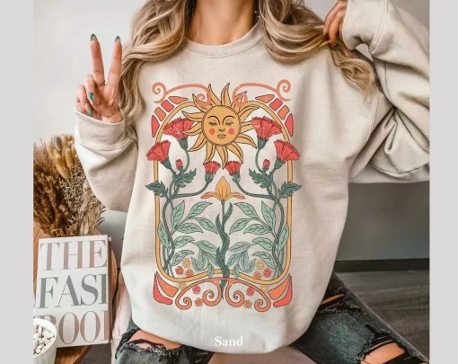 Vintage Cartoon Floral Sun Printed Sweatshirt for Women | Stylish Medieval-Inspired Casual Top - Image 2