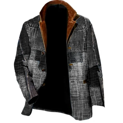 kf S112f36b5f7834d53a8e0577c43d429b04 Patchwork Design Men Jacket Vintage Fleece Blazer Double Layer Lapel Leather Collar Medium Length Coats Grid