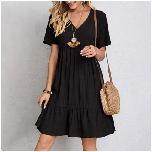 Women’s Summer Peplum Dress – V-Neck Short Sleeve Fit & Flare Ruffle Beach Dress - Image 5